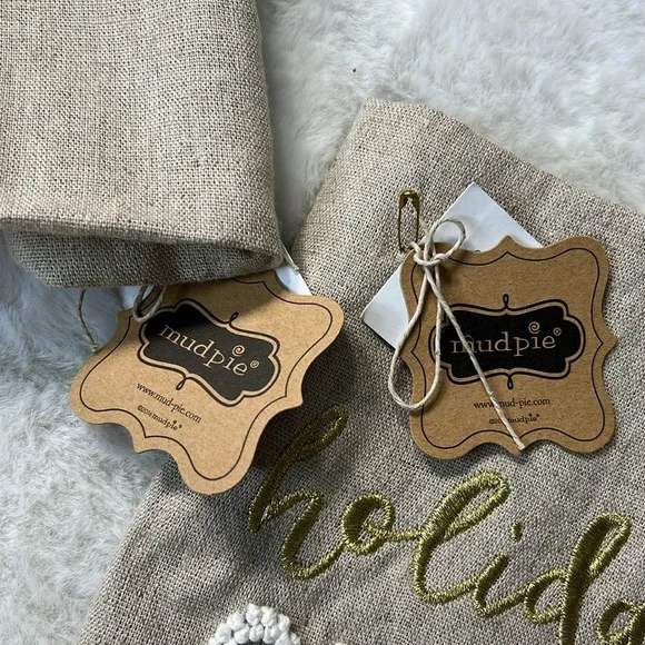 MUDPIE Set 2 Holiday Hand Towels NEW Linen Embroidery FrenchKnot Cheer Christmas - Picture 12 of 13